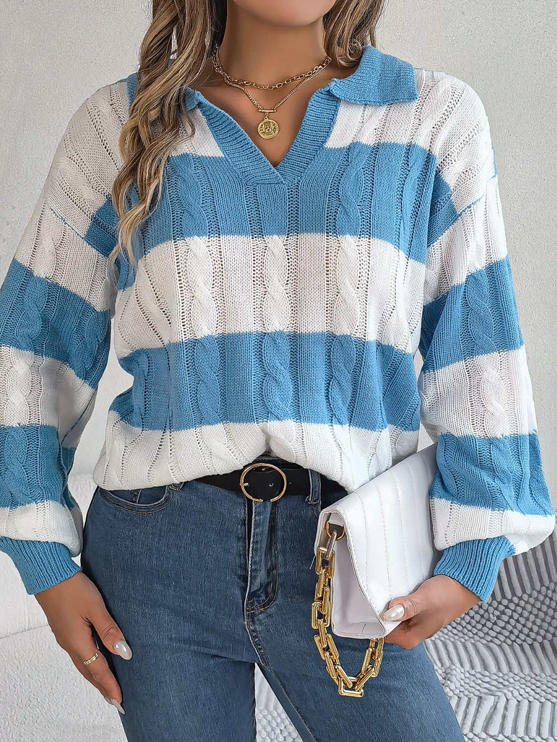 Cable-Knit Striped Long Sleeve Sweater Pastel Blue