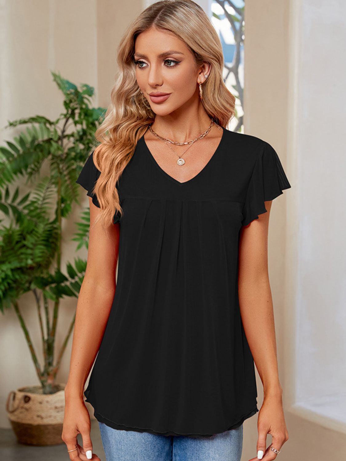 Ruched V-Neck Short Sleeve T-Shirt Black