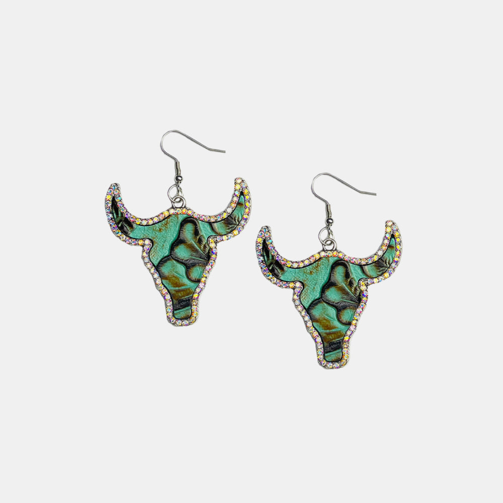 Rhinestone Trim Alloy Bull Earrings Teal One Size