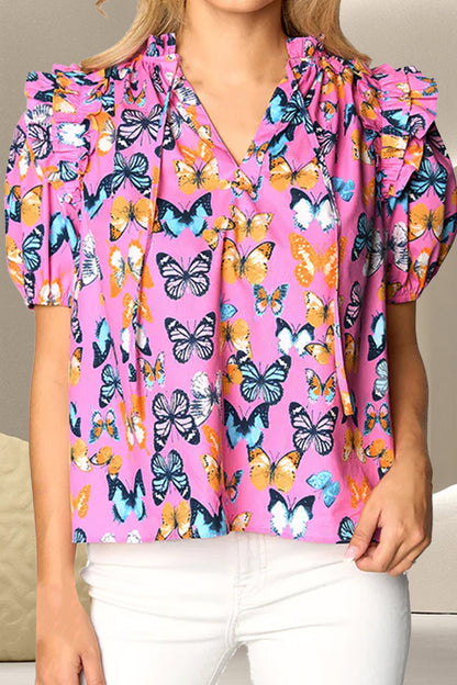 Ruffled Butterfly Tie Neck Short Sleeve Blouse Pink