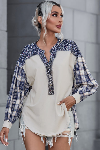 Plaid Notched Neck Slit Blouse | Effortlessly Chic & Comfortable Beige