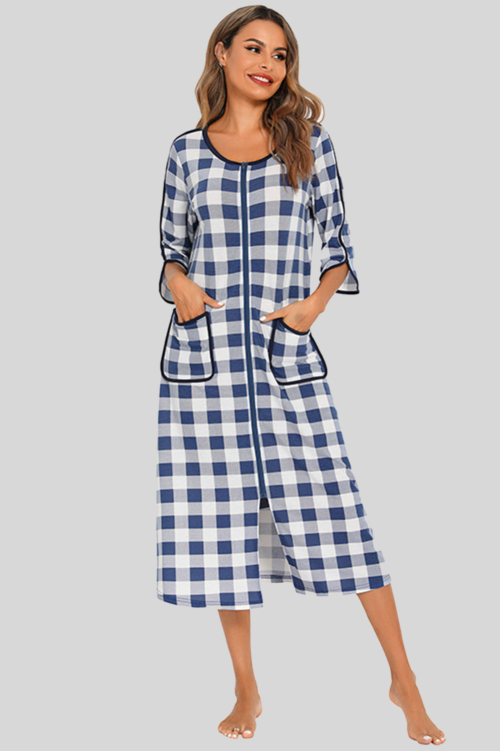 Round Neck Three-Quarter Sleeve Midi Night Dress French Blue