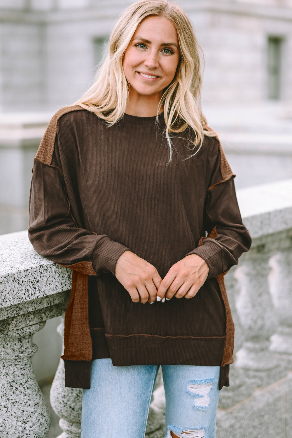 Ribbed Exposed Seam Dropped Shoulder Blouse Chestnut