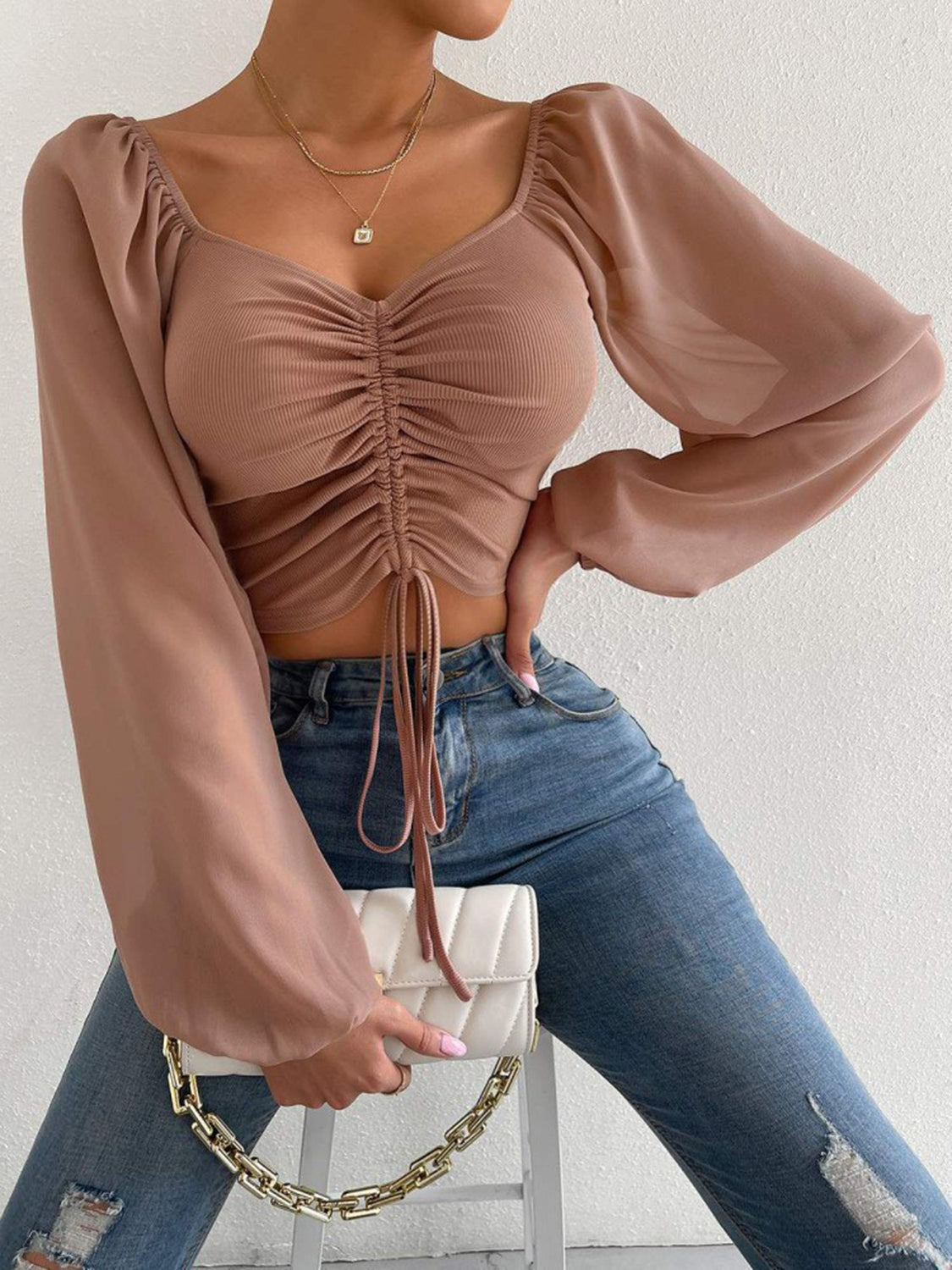 Drawstring Sweetheart Neck Cropped Top Camel