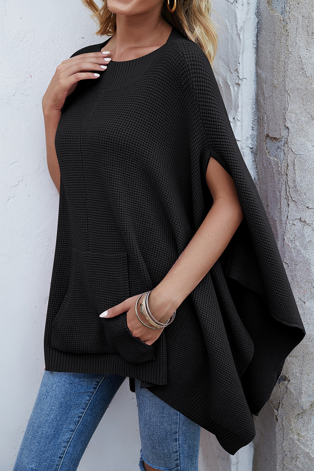 Waffle-Knit Pocketed Cape Sleeve Sweater - Thandynie