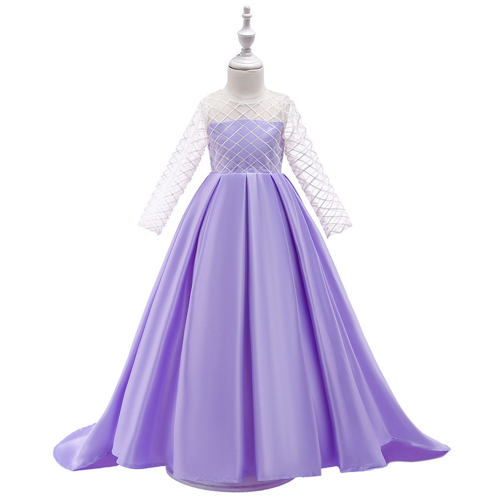 Mesh Long Sleeve Trailing Girls' Dress Light purple