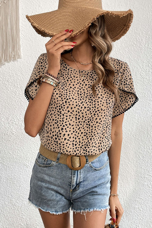 Printed Pom Pom Detail Petal Sleeve Round Neck Blouse Leopard