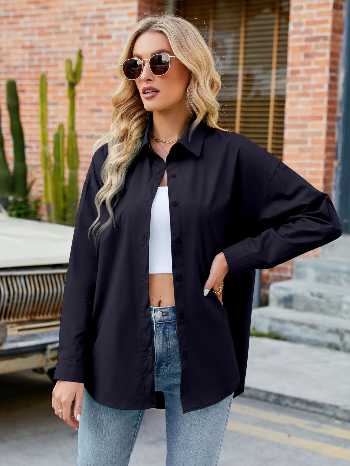 Button Up Collared Neck Long Sleeve Shirt Black