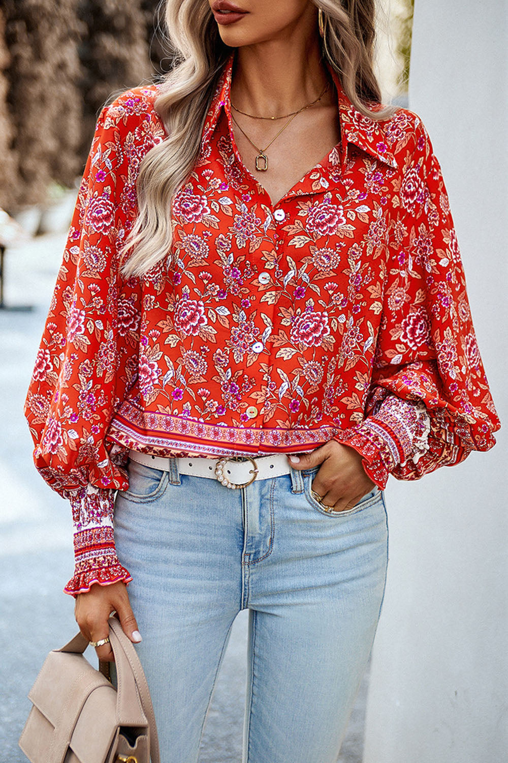 Printed Collared Neck Smocked Lantern Sleeve Shirt Red