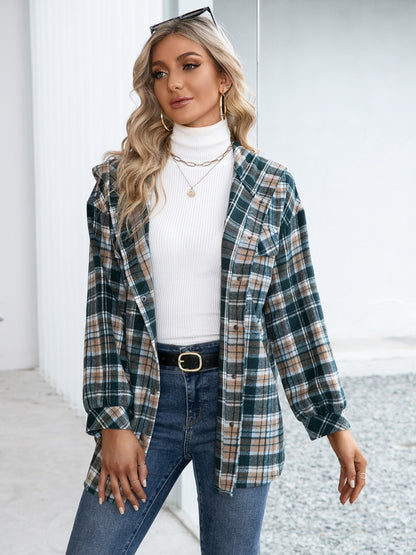 Plaid Snap Down Hooded Jacket Deep Teal