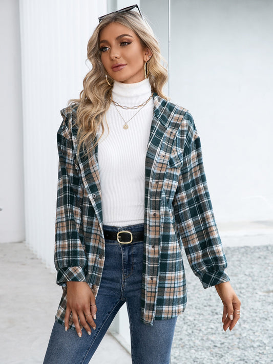 Plaid Snap Down Hooded Jacket - Thandynie