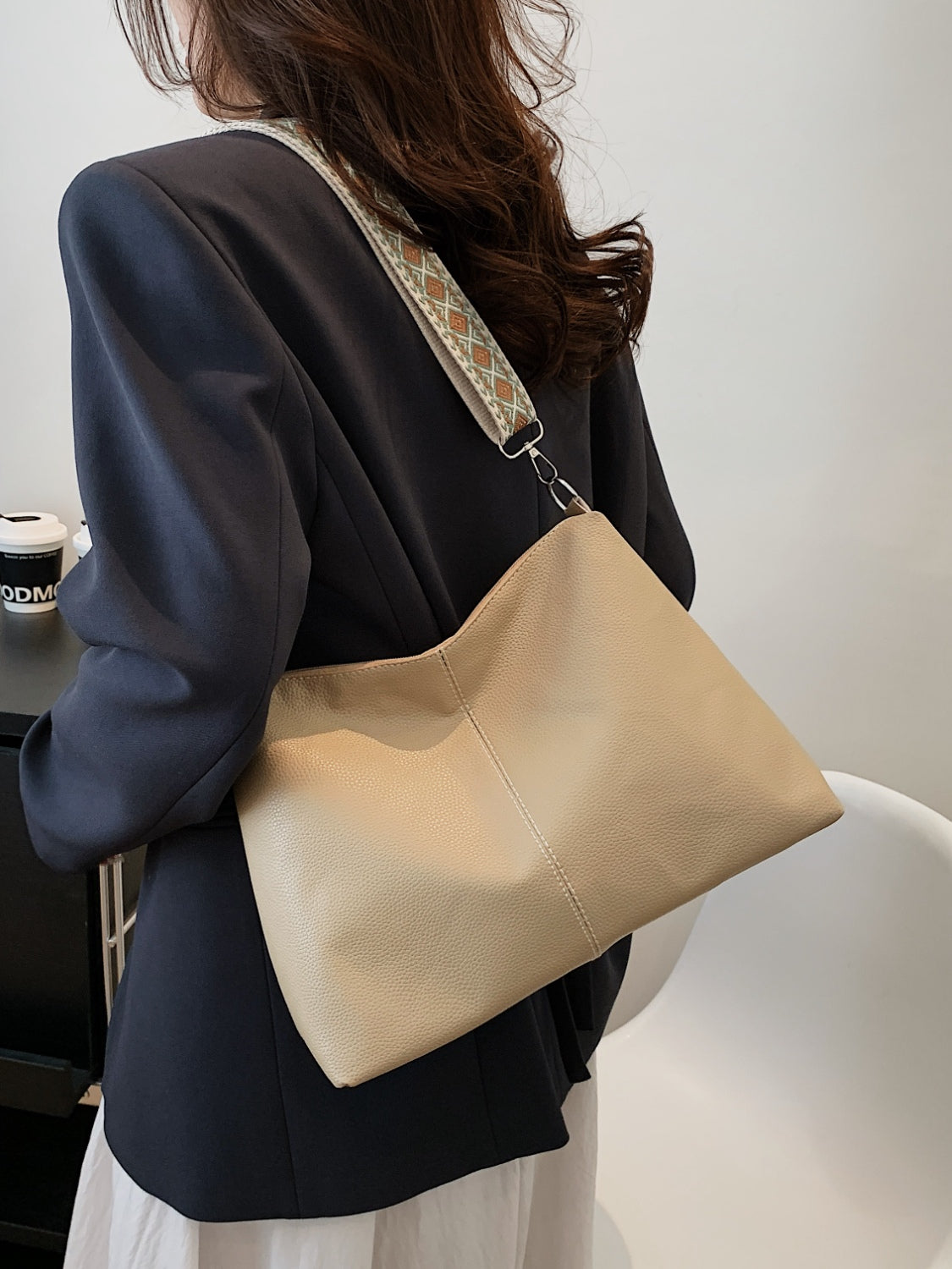 PU Leather Geometric Pattern Strap Shoulder Bag Tan One Size