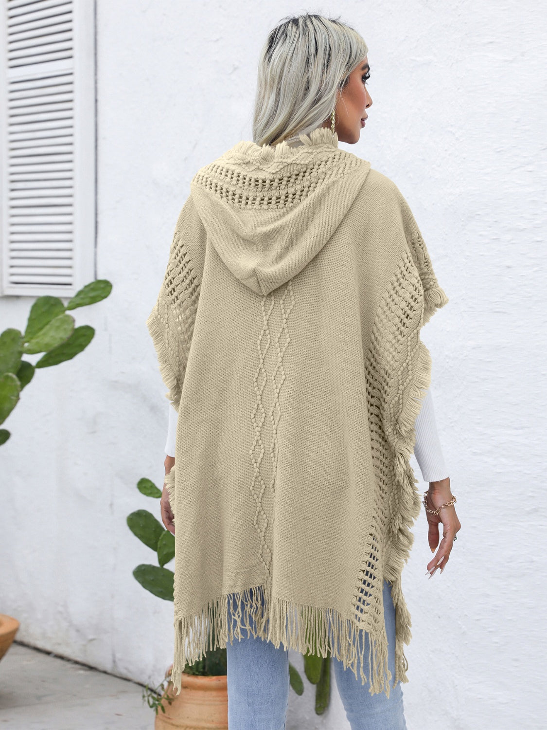 Fringe Trim Buttoned Hooded Poncho - Thandynie