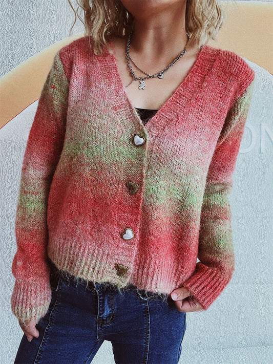 Gradient Heart Shape Button V-Neck Cardigan Orange-Red One Size