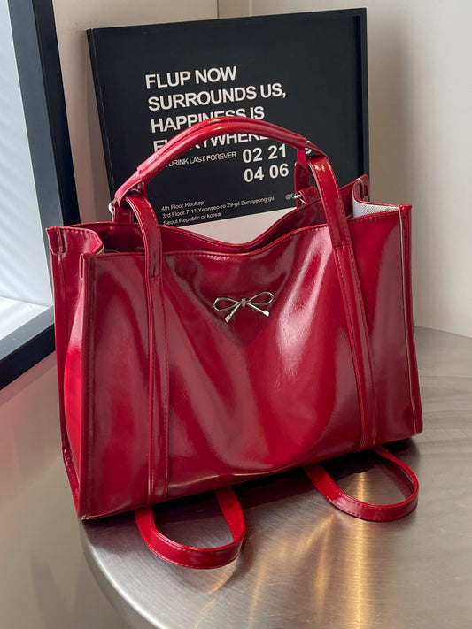 PU Leather Bow Shoulder Bag Red One Size