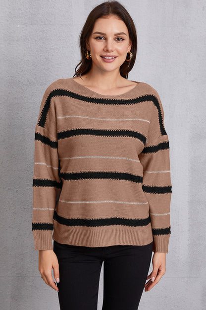 Striped Round Neck Dropped Shoulder Sweater Brown