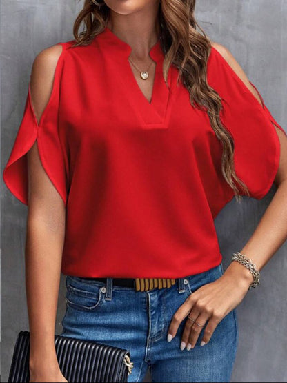 Notched Cold Shoulder Half Sleeve Blouse Deep Red