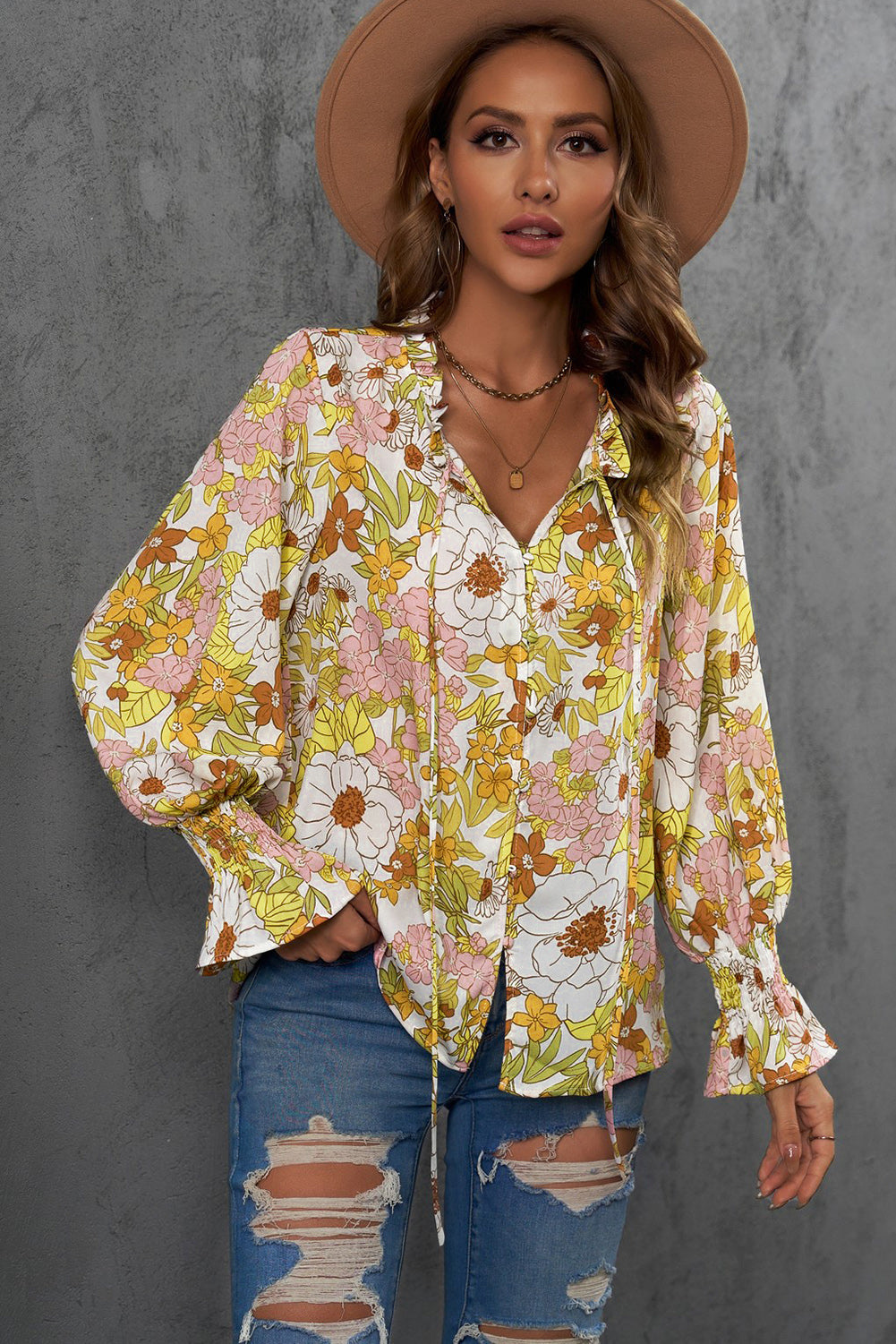 Floral Frill Trim Tie Neck Flounce Sleeve Blouse Yellow