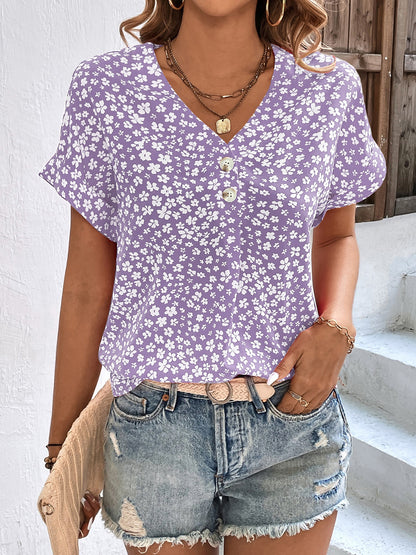 Printed V-Neck Short Sleeve Blouse Lavender