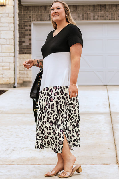 Black Leopard Color Block V Neck Plus Size Long Dress