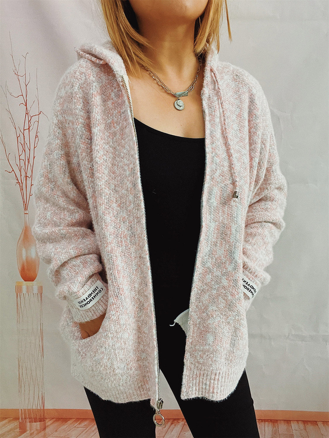 Zip Up Drawstring Long Sleeve Hooded Sweater Blush Pink