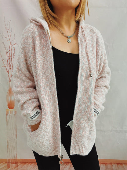 Zip Up Drawstring Long Sleeve Hooded Sweater Blush Pink