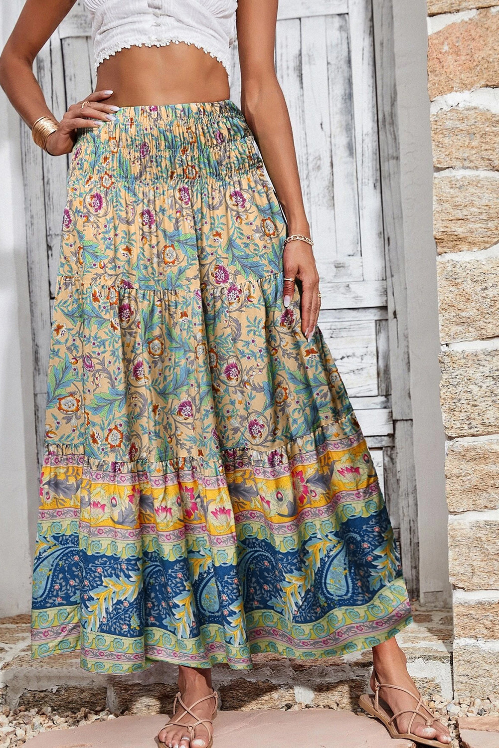 Sky Blue Boho Floral & Paisley Print Shirred Waist Long Skirt