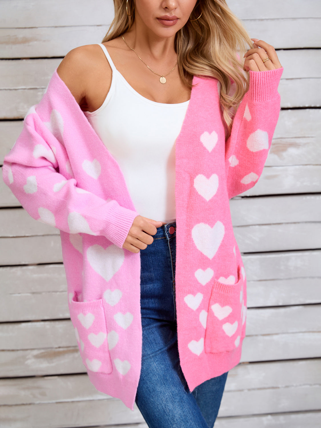 Angel Wings Heart Open Front Long Sleeve Cardigan Pink