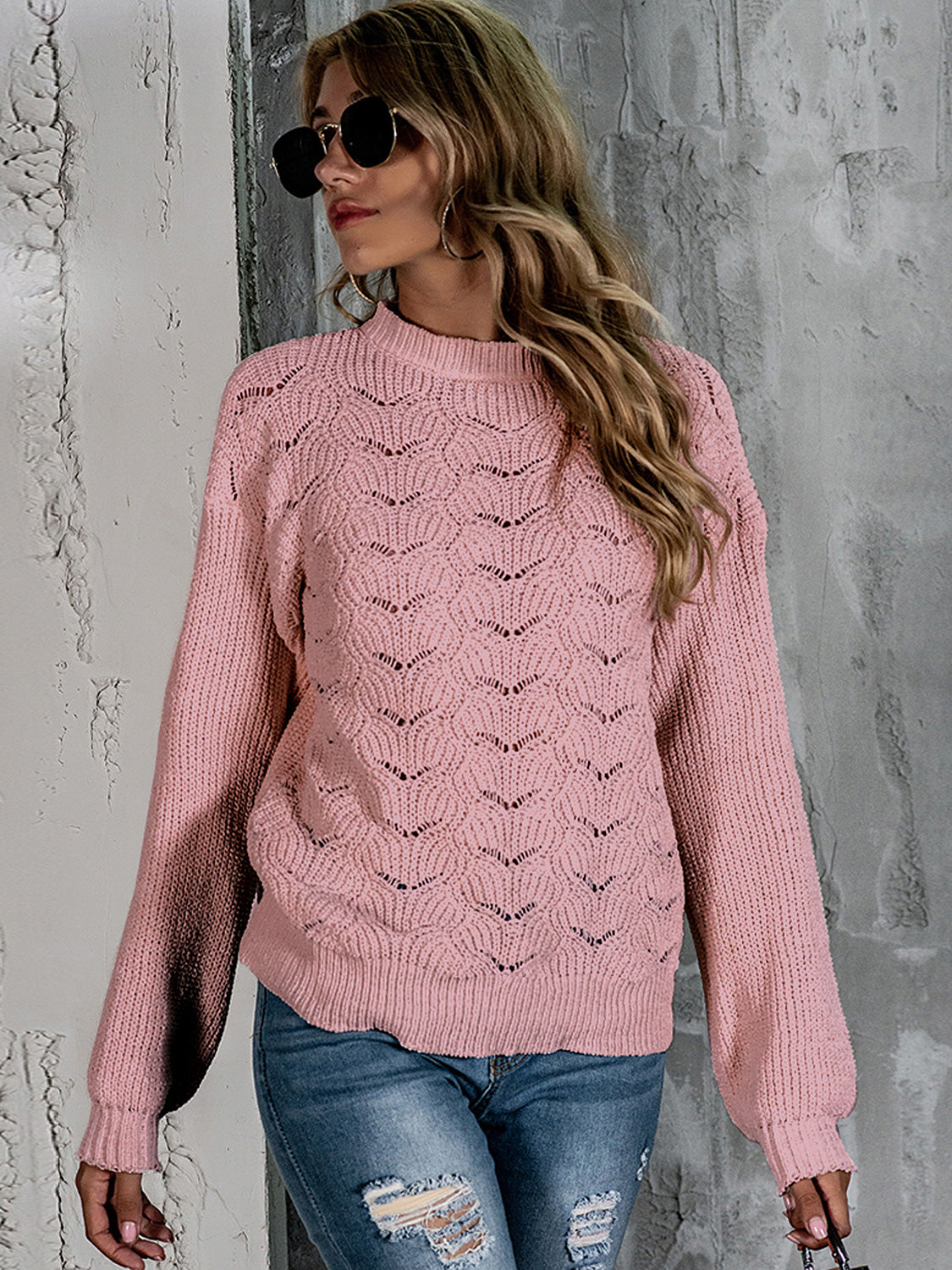 Openwork Mock Neck Long Sleeve Sweater Blush Pink