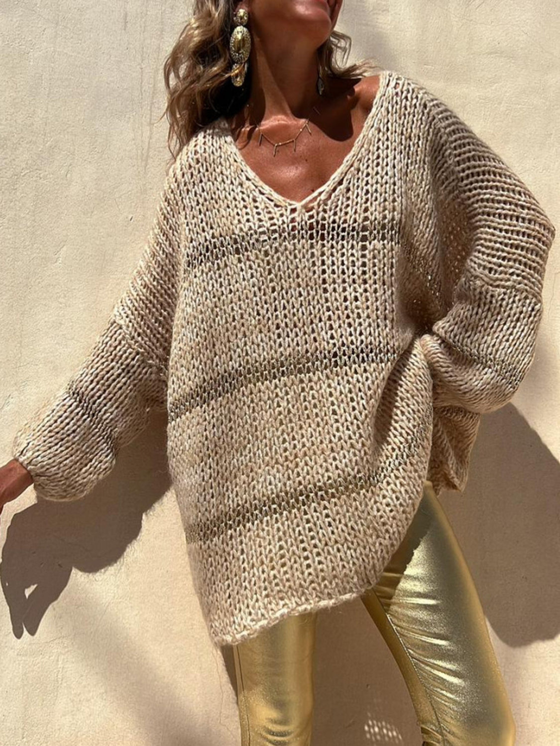 Openwork V-Neck Long Sleeve Sweater Light Yellow