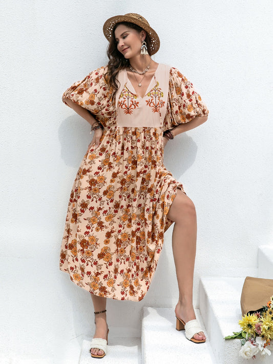 Plus Size Printed Tie Neck Half Sleeve Midi Dress Floral