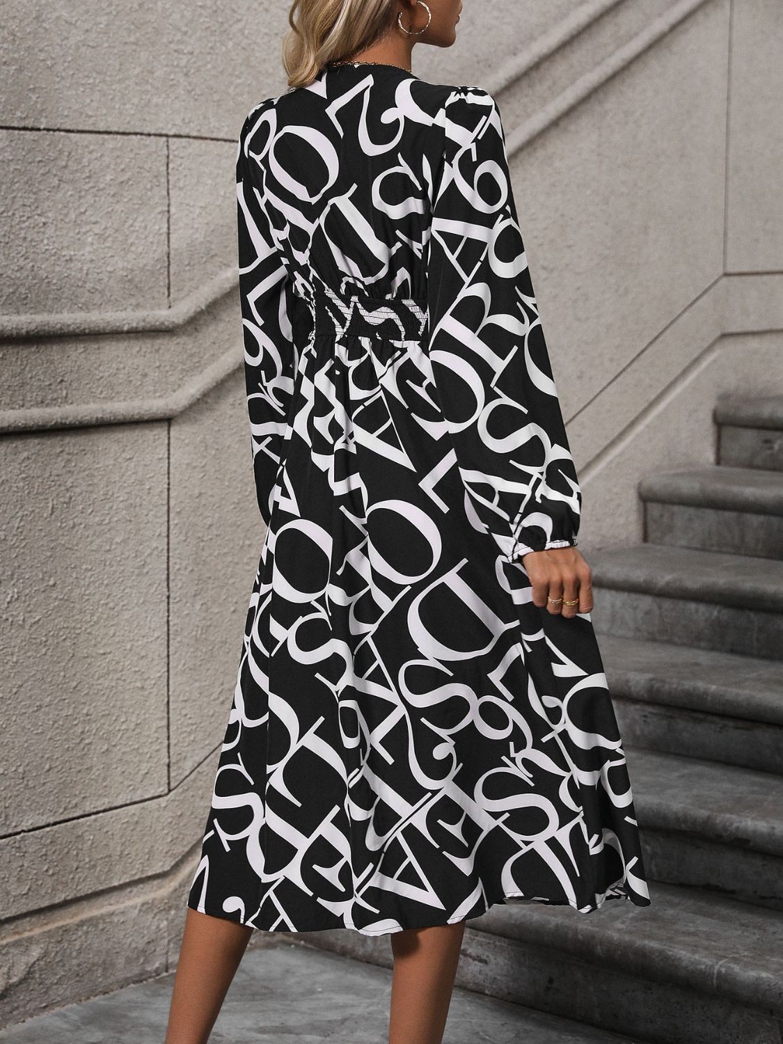 Printed V-Neck Long Sleeve Midi Dress - Thandynie