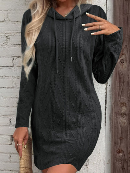 Drawstring Hooded Sweater Dress Black