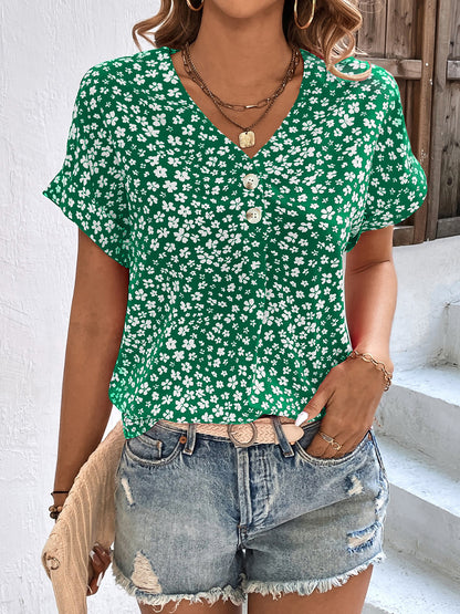 Printed V-Neck Short Sleeve Blouse Green