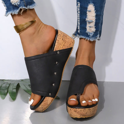 PU Leather Wedge Sandals Black