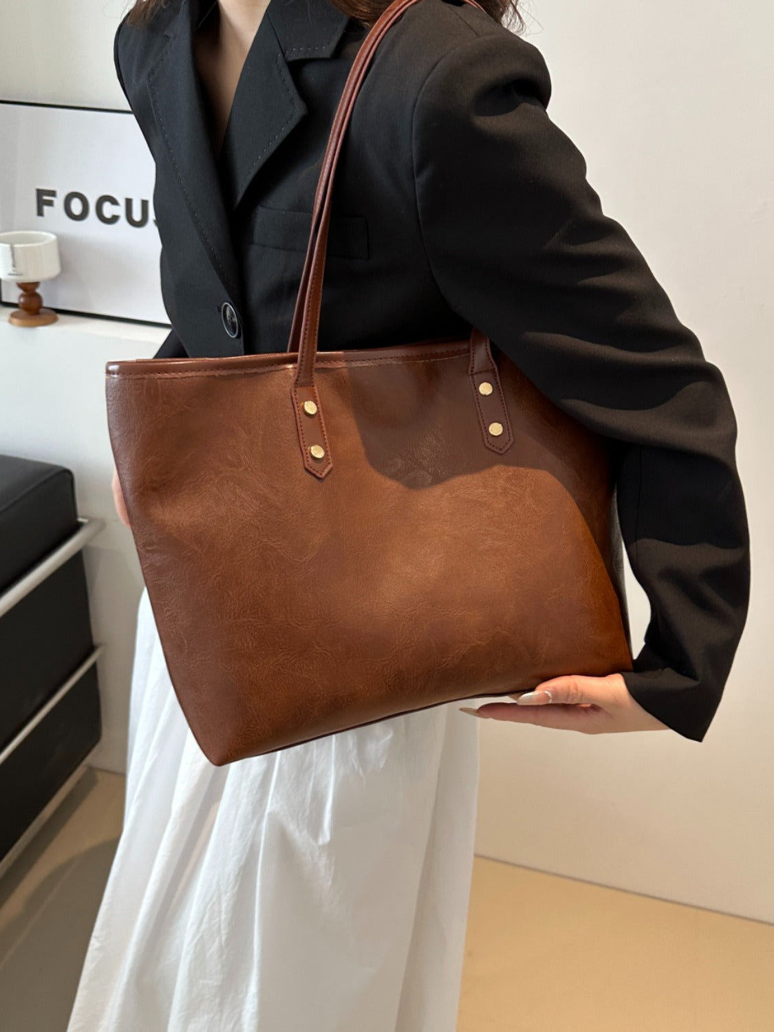 PU Leather Medium Shoulder Bag Brown One Size
