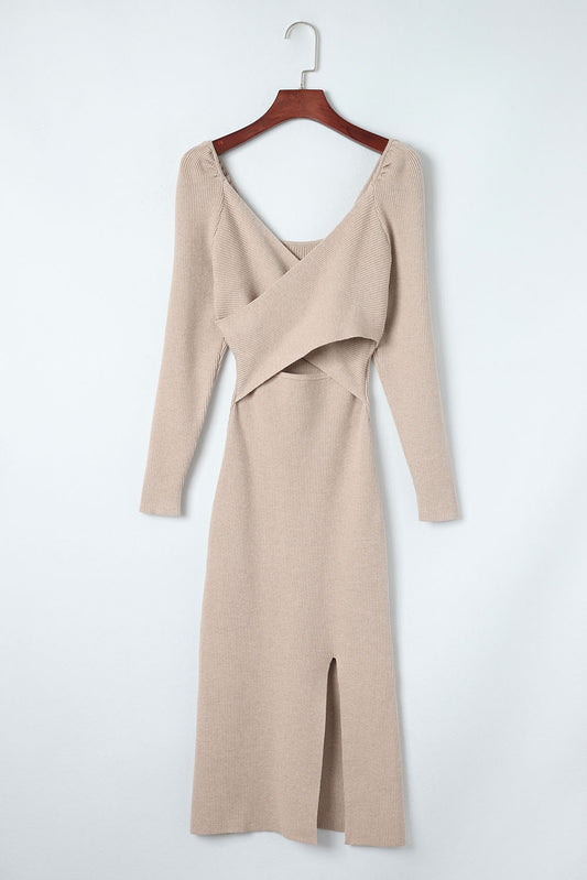 Crisscross Long Sleeve Slit Sweater Dress Dust Storm