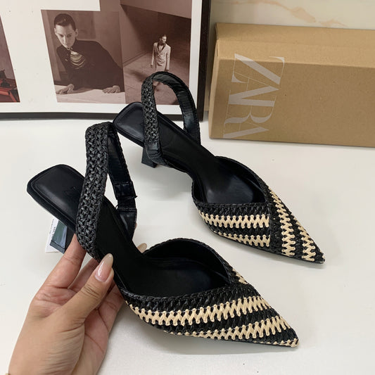 French Pointed Toe Braided Slingback High Heels - Fashion High-End Women's Sandals Black