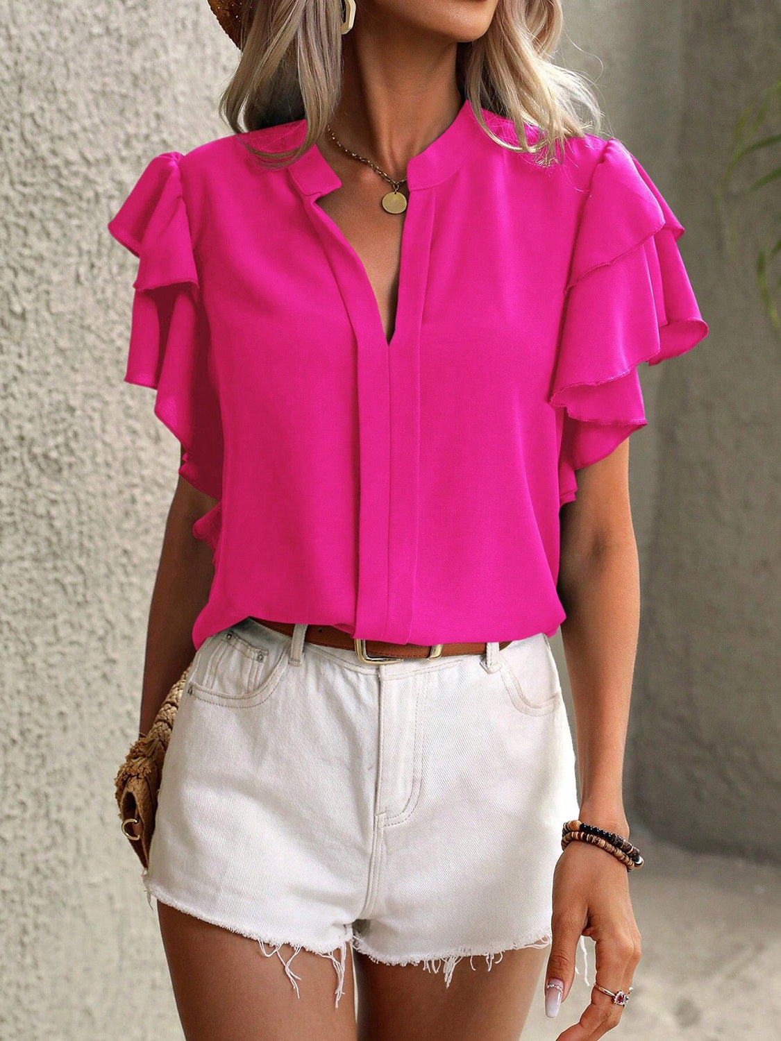 Ruffled Notched Short Sleeve Blouse - Thandynie