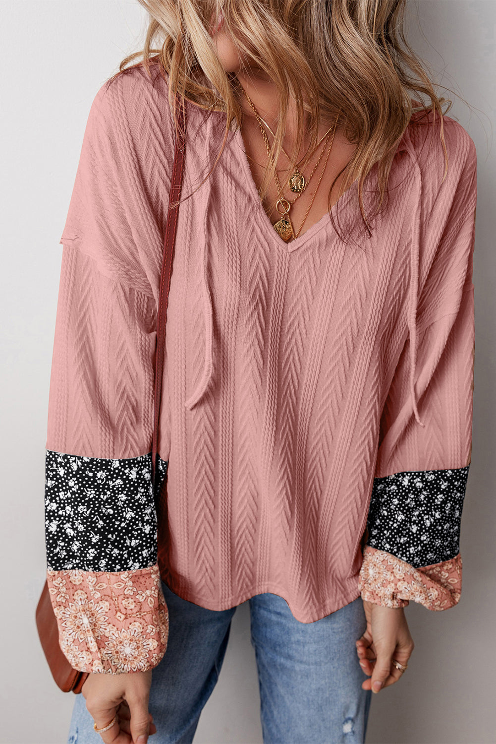 Dusty Pink Floral Patchwork Textured Knit Drawstring V Neck Blouse Dusty Pink 97%Polyester+3%Elastane