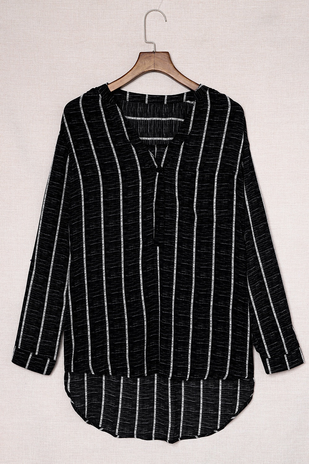 Striped Notched Long Sleeve Shirt Black