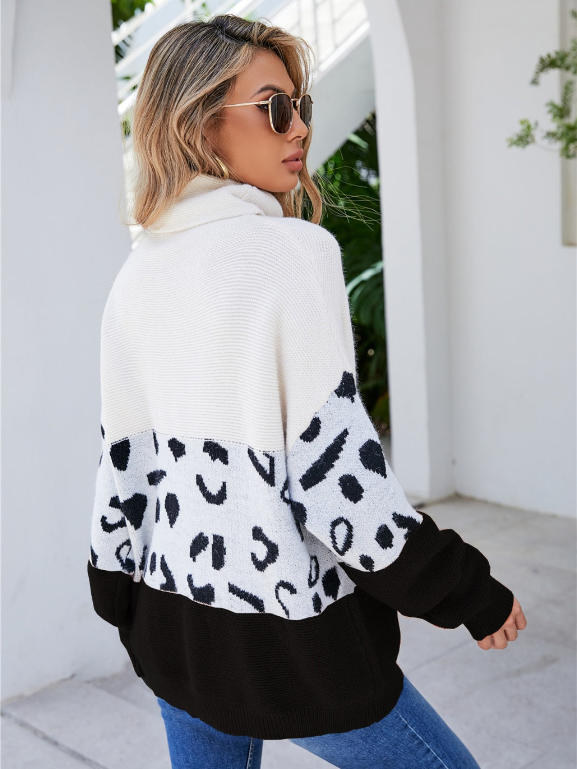 Leopard Color Block Turtleneck Sweater