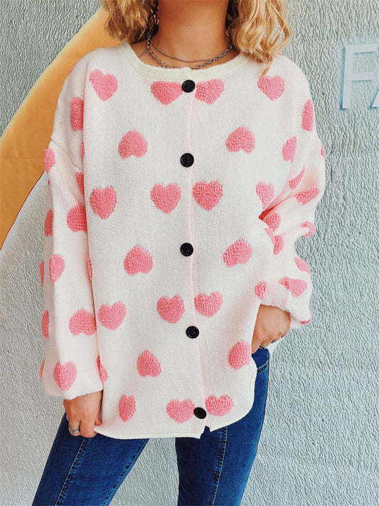 Heart Button Up Long Sleeve Cardigan White One Size