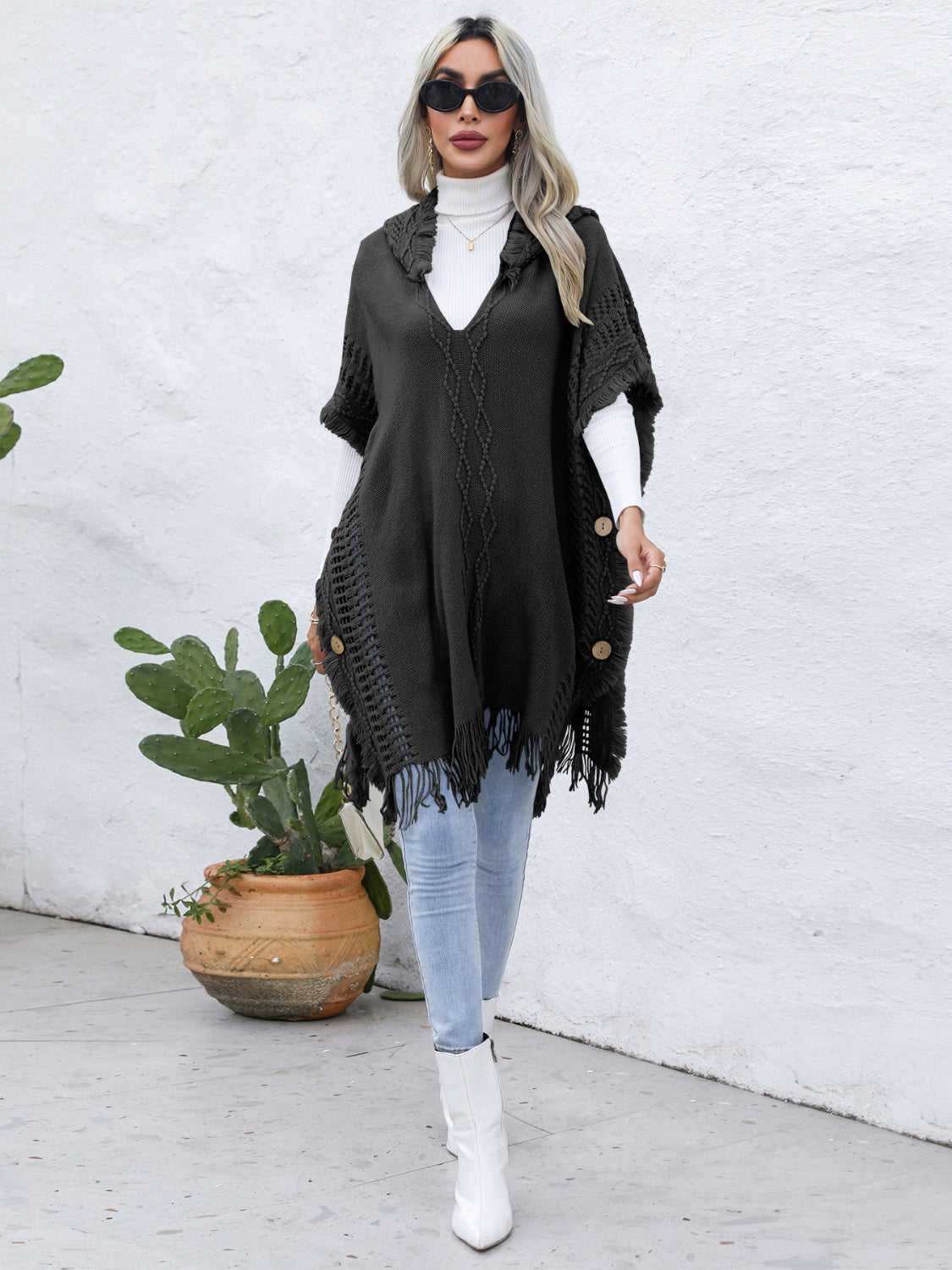 Fringe Trim Buttoned Hooded Poncho Black One Size