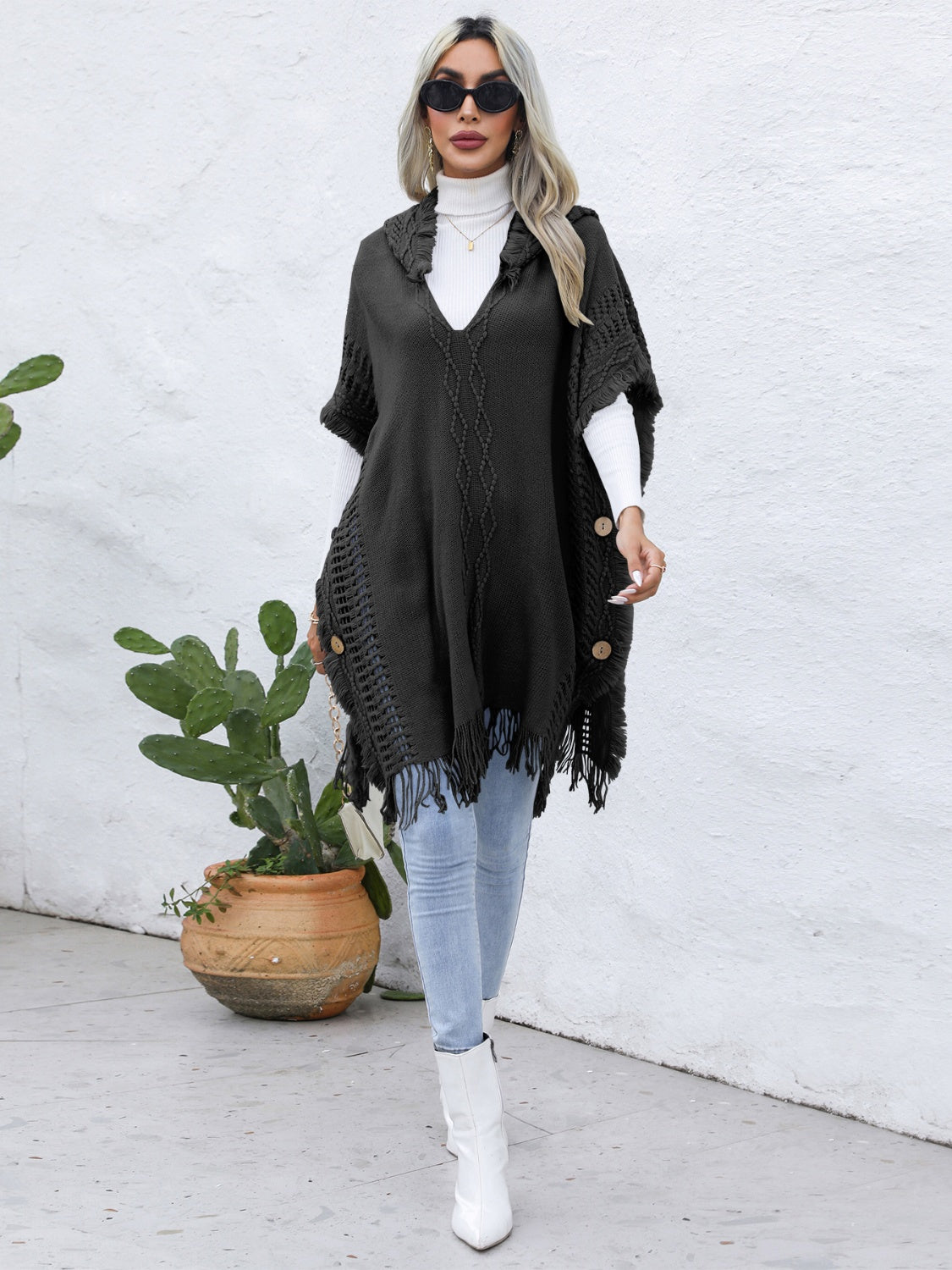 Fringe Trim Buttoned Hooded Poncho - Thandynie