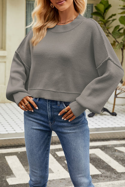 Round Neck Dropped Shoulder Sweater Dark Gray