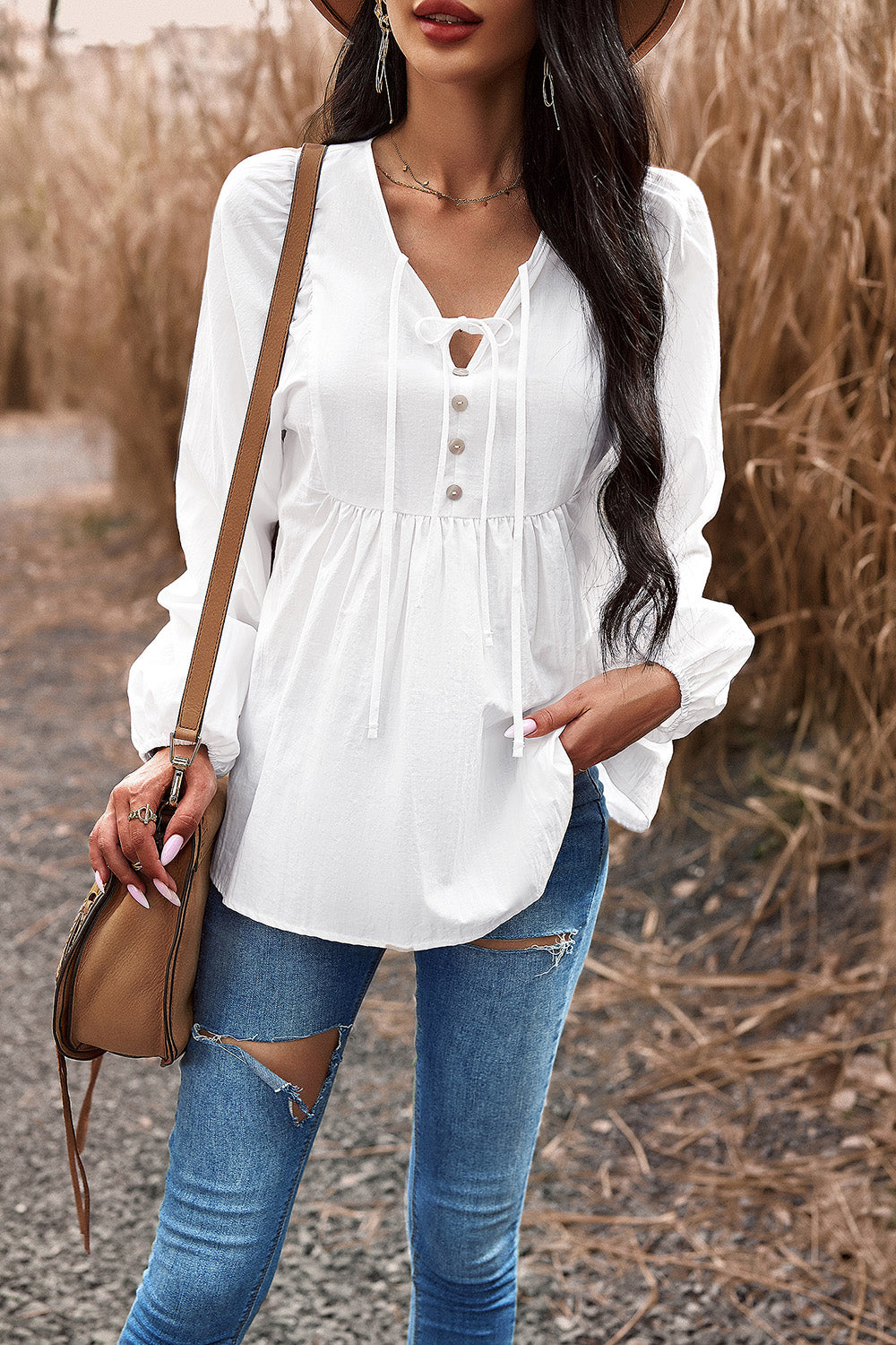 Tied Decorative Button Balloon Sleeve Blouse White