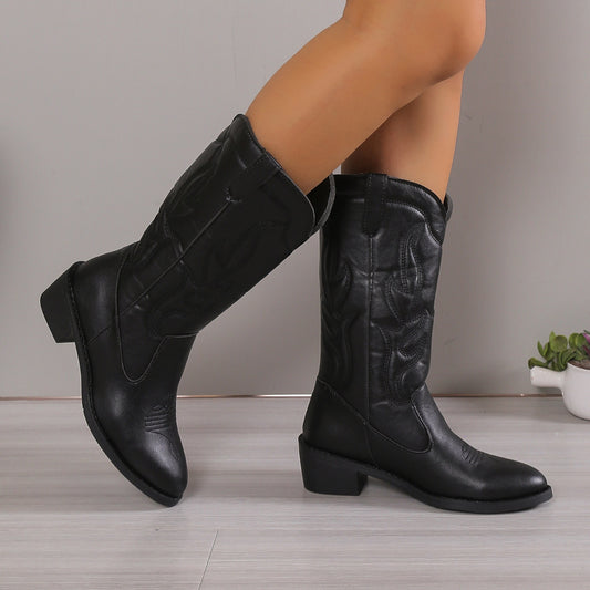 PU Leather Point Toe Block Heel Boots Black