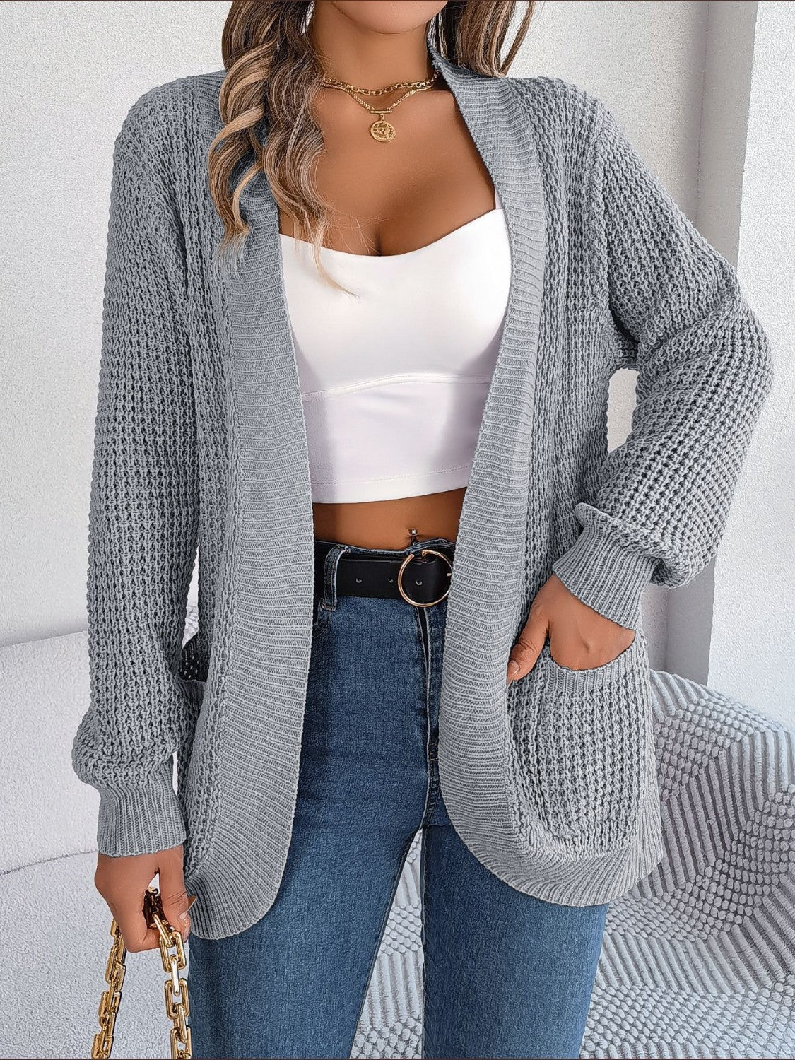 Open Front Long Sleeve Cardigan with Pockets Charcoal