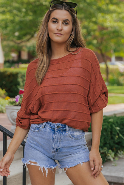 Striped Ribbed Trim Round Neck Sweater Rust